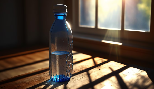 खिड़की पर रखा पारदर्शी पानी का बोतल — पानी याद रखने की सहज आदत